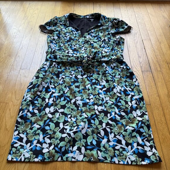 Badgley Mischka Size 22 Blue Green Floral Lace Trim Sleeve Collared Sheath Dress - Picture 11 of 16